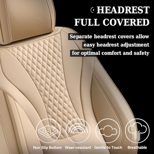 Image of Coverado Waterproof Nappa Leather Car Seat Covers, Automotive Fullset Seat Covers, 5 Seat Car Seat Cushion & Car Seat Protector, Beige Front and Rear Covers Universal Fit for Most Cars, SUVs, Trucks