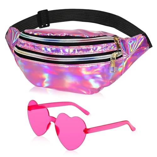 Sac Banane Années 80 Fluo, Lunettes de Soleil de Coeur, Sac Banane Holographique, Lunettes Fun, Sacs Bananes à Paillettes, Tenue Années 80 90 Accessoires Femme pour...