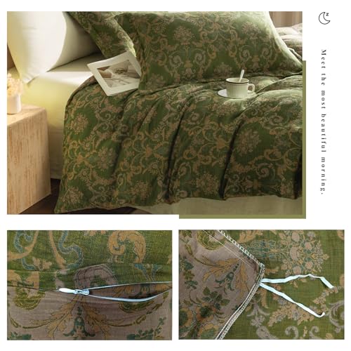 VM VOUGEMARKET Olive Green Duvet Cover Set King,Reversible Medallion Flower Print Bedding Set Linen Cotton Yarn-Dyed Textured Bohemian Duvet Cover with Zipper Closure