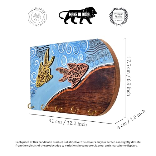 Image of AAKRITI ART CREATIONS Key Holder, Delphy Key Hanger with Fish Motif and Beautiful Artwork | Rustic Wooden Wall Organizer with 5 Hooks | Storage Shelf for Keys, Hats | Multifunctional Entryway Decor