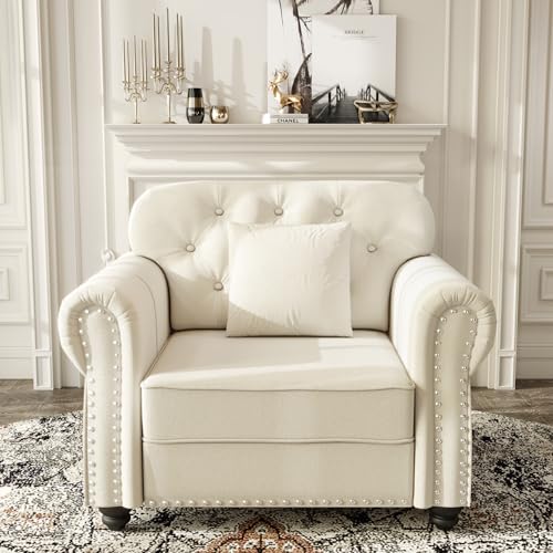 Image of KEIKI 41 inch Velvet Chesterfield Sofa with Rolled Arms & Nailhead Trim & 1 Ottoman, Modern 1-Seater Button Tufted Couch with High Resilience Cushion & 1 Pillow, Easy Assembly, for Living Room, White