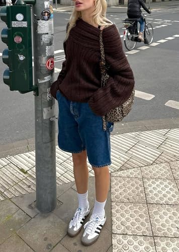 Women's Off The Shoulder Sweater Oversized Batwing Long Sleeve Loose Chunky Knit Pullover Sweaters Top3