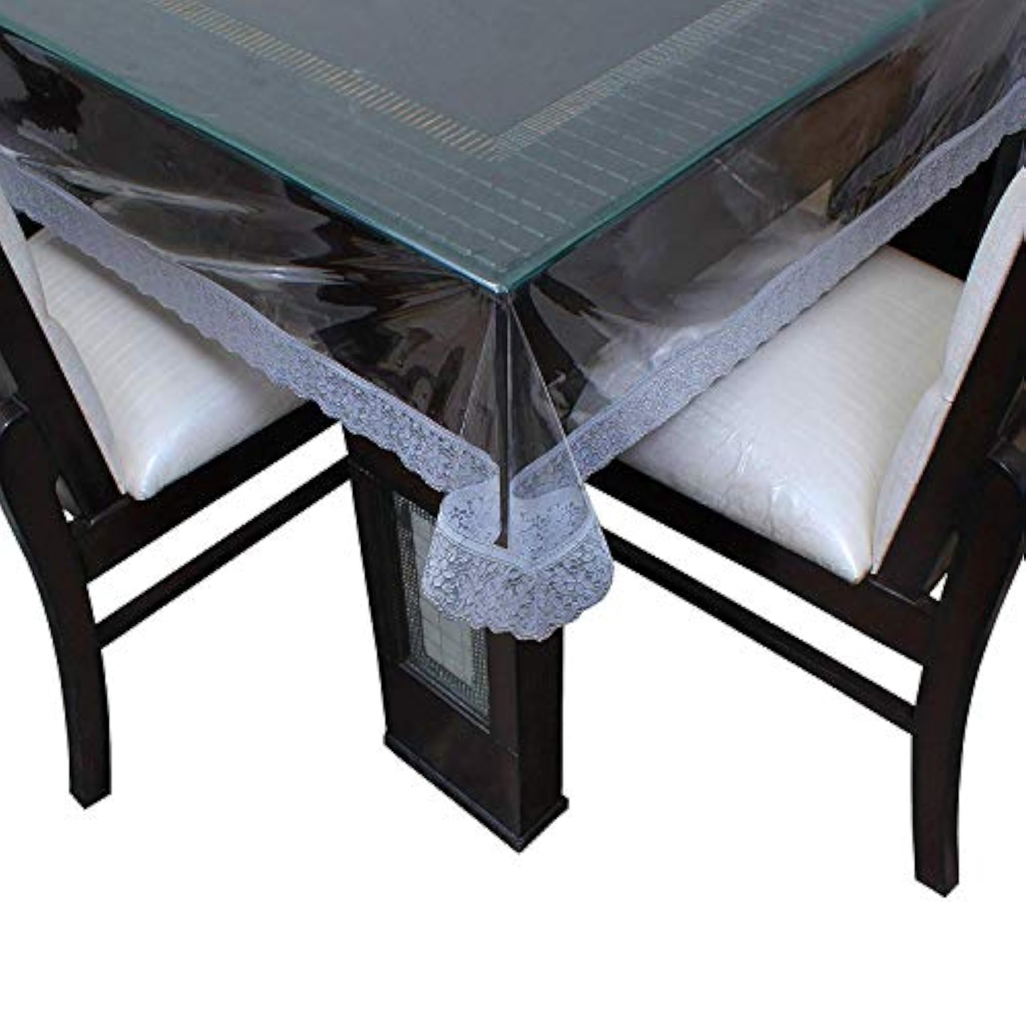Classic Transparent Square Centre Table Cover with Silver Lace