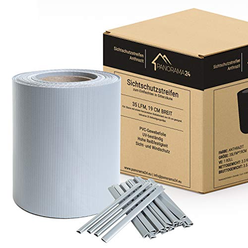 Panorama24 PVC Sichtschutzstreifen Grau RAL7040, 35 Meter x 19 cm inkl. Befestigungsclips, Doppelstabmatten Gartenzaun Zaunfolie blickdicht