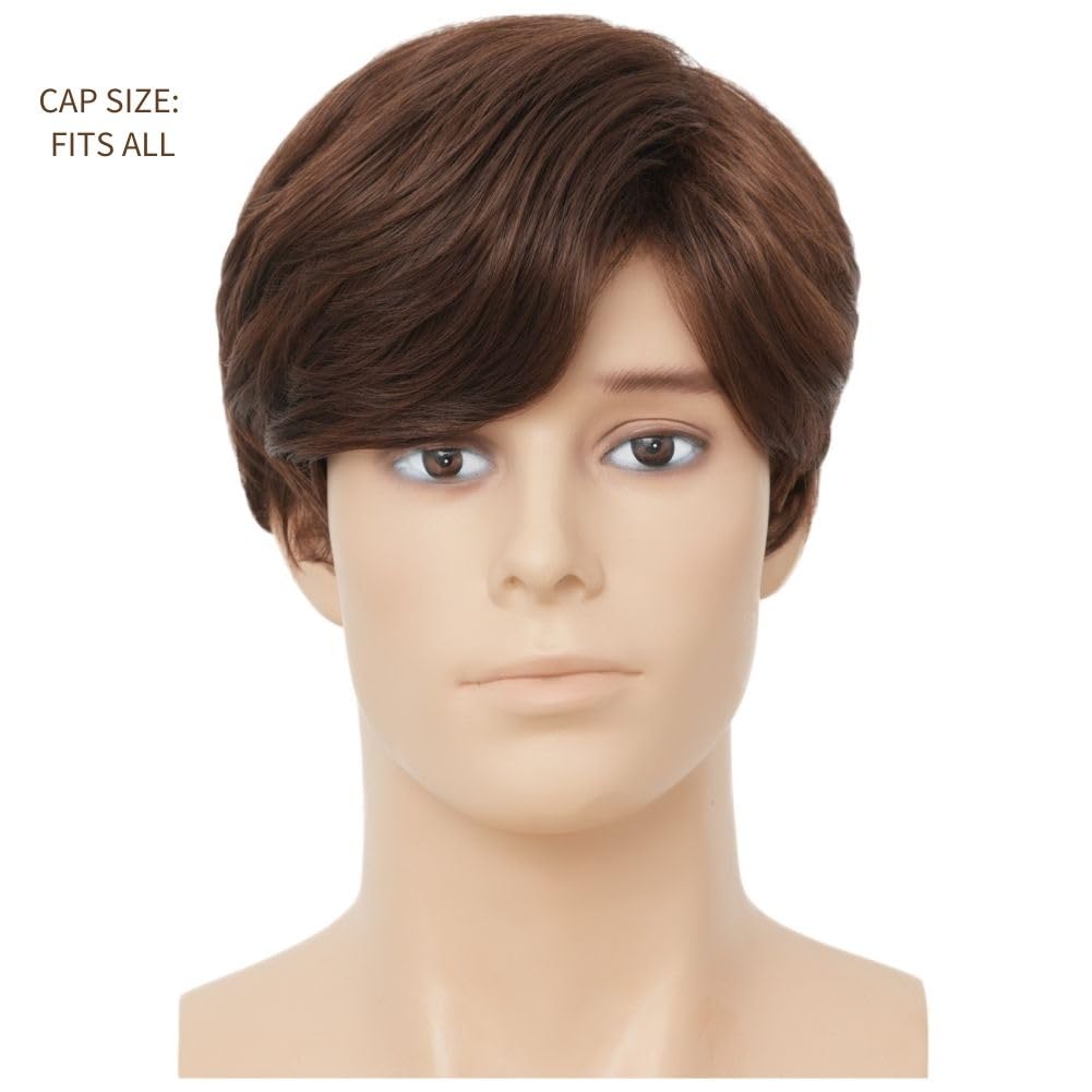 Salaibs Mens Short Brown Wigs Synthetic Side Part Natural Hair Wigs for Male Guy Daily Party Cap Wig (Brown) - Image 2