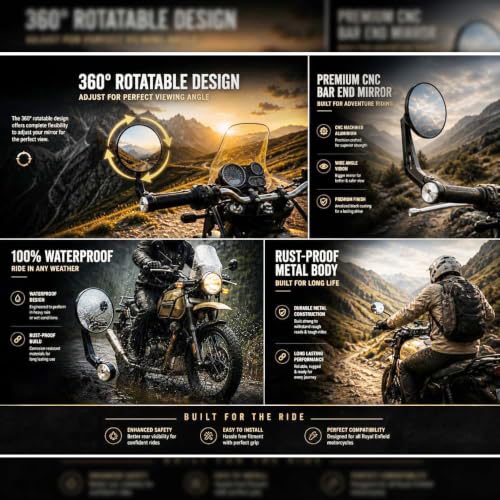 Image of SAAD Round Convex Bar End Mirror Compatible With All RE Motorcycles | Classic 350, Hunter 350, Meteor 350, etc | Rear View Mirror | Metal Handle & ABS Frame | Set of 2 Black | Bullet Accessories