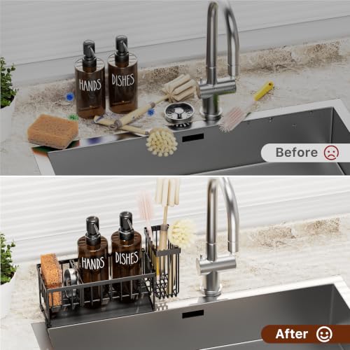 Image of MASADI Kitchen Dish Soap Dispenser Set with Sponge Holder, 12OZ Glass Bottle, Hand and Dish Soap Dispenser Set, Non-Slip Silicone Pad, Brush Holder, Kitchen Sink Organizer Countertop (Black+Amber)
