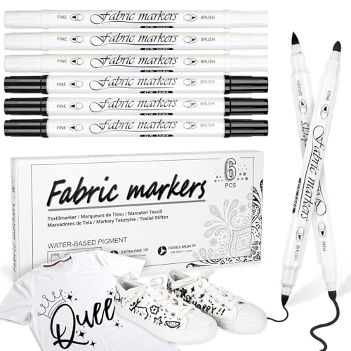 Aocster Textilstifte Waschmaschinenfest Weiß, 6 Stück Textilmarker Waschmaschinenfest Schwarz und Weiß, 1-5mm Dual Tip textilfarbe Permanent, Ungiftige Stoffmalstifte für T-Shirt Stoffbeutel Schuhe