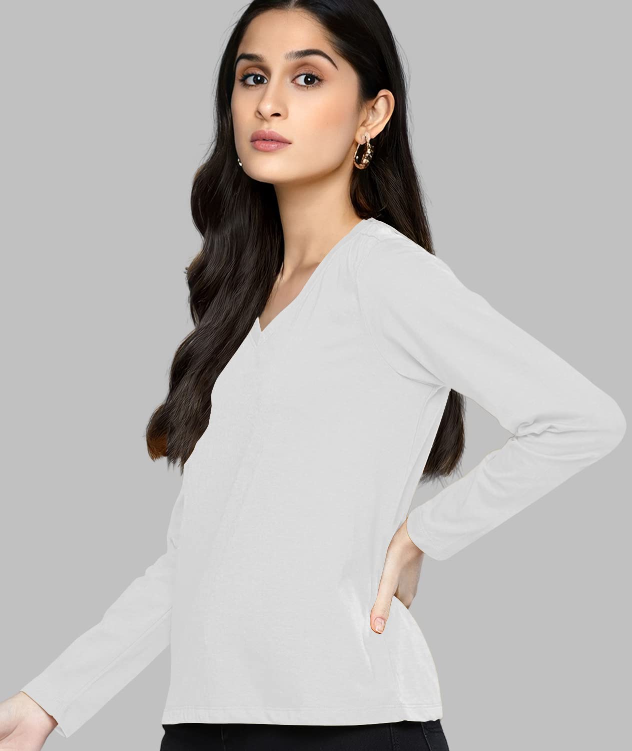 TVP Fashions Premium Plain Women V Neck Full Sleeves Cotton Tshirt. Festive,Offer,Discount,Sale,Limited Edition, Trending Tees and Tshirts. (White_Small) 1