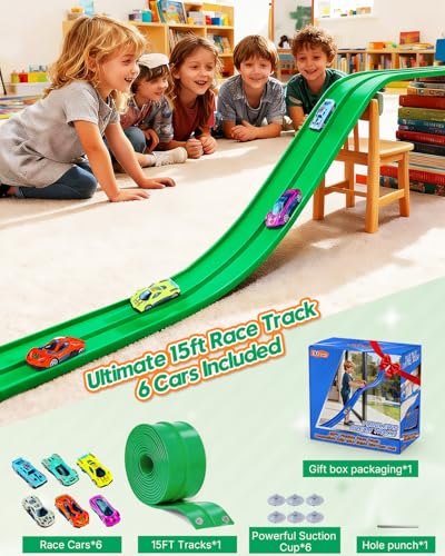 MATELOTI Flex Track 15 Ft Flex Race Car Track with 6 Toy Cars, Portable DIY Racetrack Compatible Diecast 1/64th Cars for Ages 3 Up with Suction Cups, Birthday Gifts for Boys(Green) — view 5