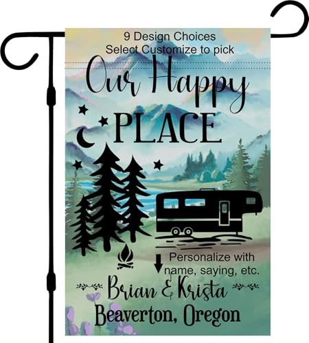 Lake Campsite camper garden flag personalized, Custom outdoor camping decoration sign, unique yard decor for RV travel trailer, Motorhome, tent, van life (Solid Fifth-Wheel camper)