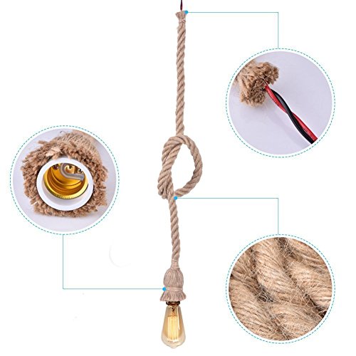 DIY Retro Hanfseil Industrie Kronleuchter, E27-Gewinde Retro-Industriestil Hängeleuchte Pendelleuchte für Home Restaurant Bar Lager Bauernhof, Nicht enthalten Glühbirne (1 Kopf) – Bild 3