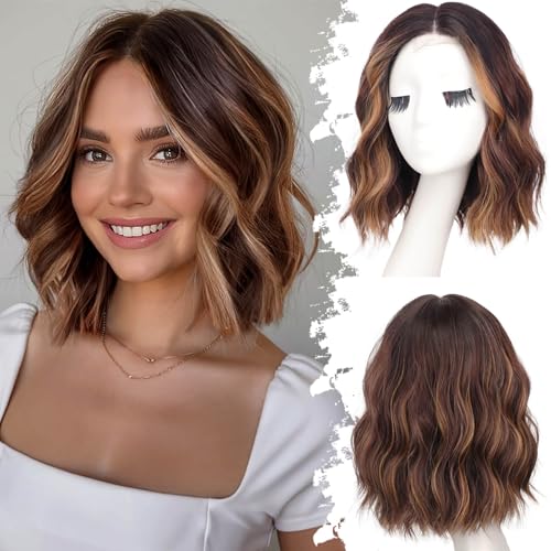 Image of Eawwii Wigs for Women Brown Highlight,Short Wavy Synthetic Lace Wig 12 Inch | Glueless 4x1 Lace Hairline, Heat-Resistant Fiber,Bob Wave Style,Natural Appearance for Everyday Cosplay