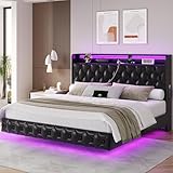 Keyluv Floating Bed Frame King Size Platform with LED Lights, USB Charging Station Headboard Modern Button Tufted Upholstered PU Leather Bed Wood Slats Support No Box Spring Needed, Black