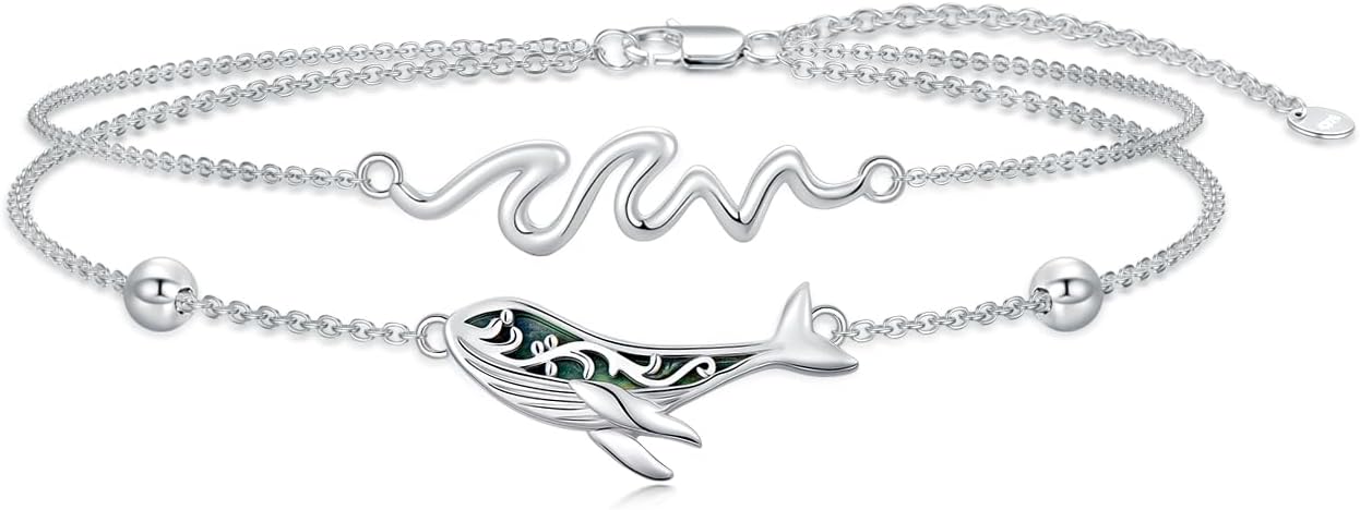 JKR Ocean Jewelry S925 Sterling Silver Sea Turtles/Whales/Dolphins Waves Anklet Bracelet With Abalone Shell Jewelry Summer Tropical Beach Mothers Day Gifts for Women