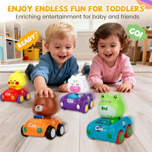 LBJGL Press and Go Car Toys for Toddlers 1-3, 4 Pack Friction Powered Baby Push Cars, Infant Play Vehicle Set for 6-9-12-18 Months, 1st Birthday Gifts for 1-2 Year Old Boys Girls