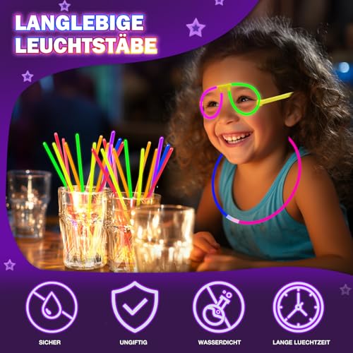 Millegu Knicklichter Party Set,100 Stück Leuchtstäbe 130 Verbinder,Neon Knicklichter Ketten und Leuchtbrillen für Kinder, Deko für Festival Hochzeiten Weihnacht Party Silvester Deko 2025