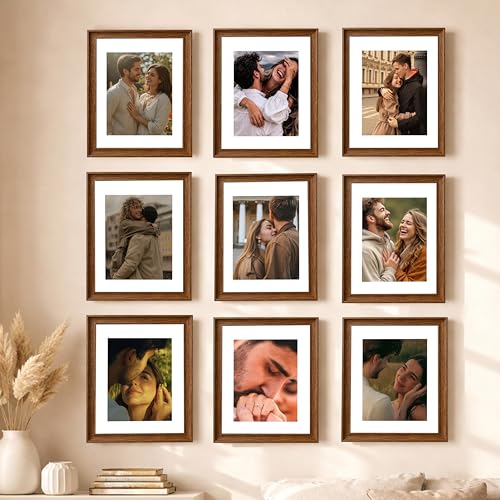 Image of Art Street Wooden Photo Frame for living room, Aesthetic Cave Design Photo Frames for Photograph, Art Work, Certificates Set of 9 (11x14 Inch, Brown)