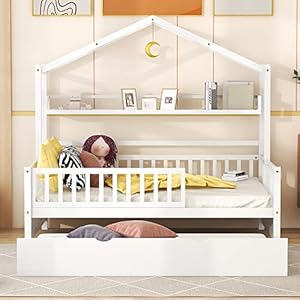   Bellemave-Full-Size-House-Bed-with-Trundle-and-Storage-Shelves-Kids-Montessori-Bed-with-Fence-Rails-Wood-Playhouse-Tent-Bed-Frame-for-Girls-Boys-White