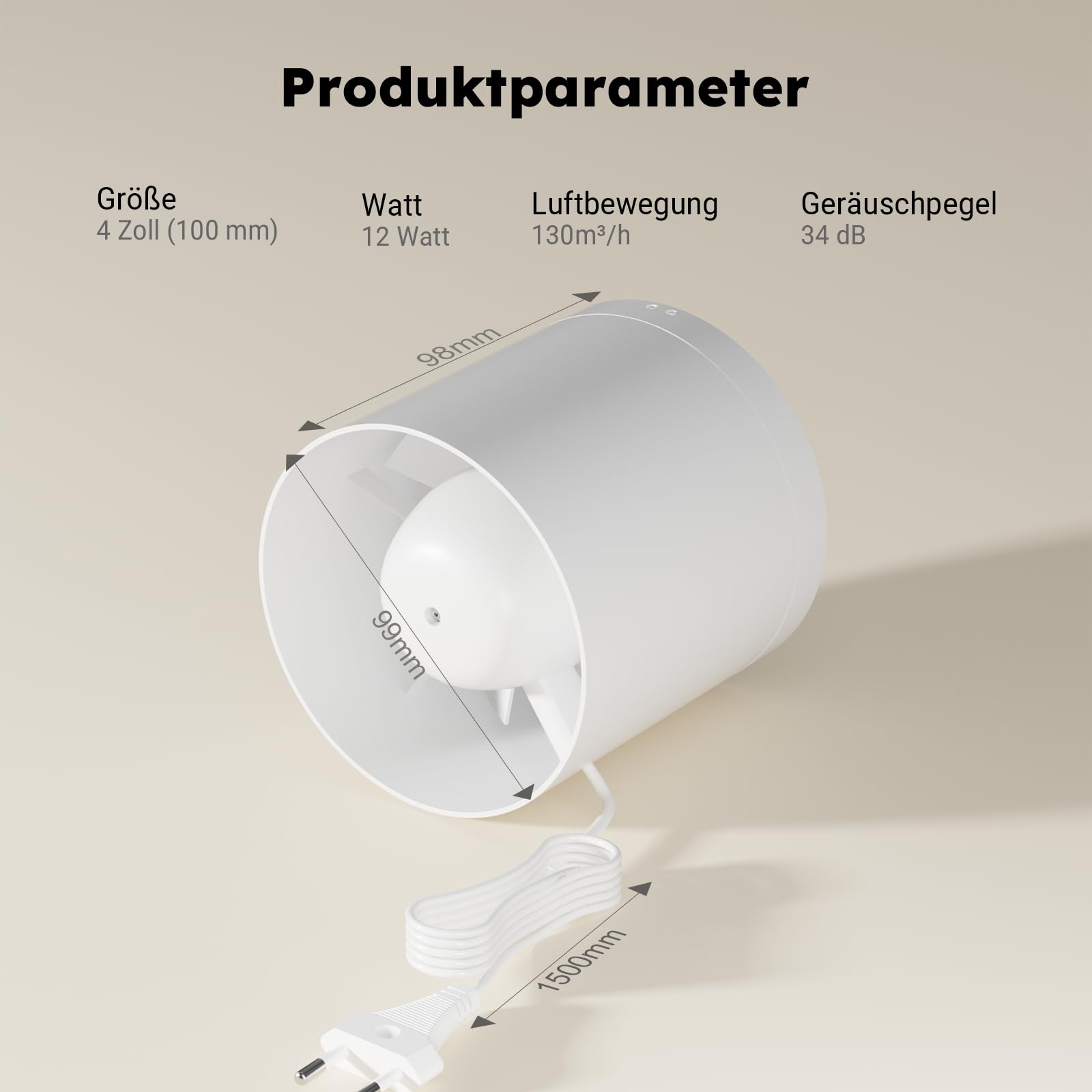 Kanal Rohrventilator,Inline-Abluftventilator 100 mm,135 m³/h,Hohe Qualität,Leise,Für Bad,WC,Küche,Gewächshaus,Zelt,Garage, Mit 1,5 m Kabel