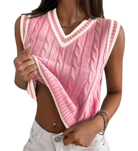 Womens Sweater Vest Cable Knit Casual V Neck Ribbed Preppy Pullover Tops Sleeveless3