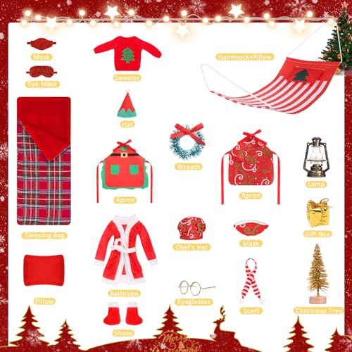 Image of 20 Pcs Christmas Elf Doll Clothing Accessories, Sleeping Bag Christmas Accessory for Elf Doll Include Elf Sleeping Bag Apron Chef Hat Sweater Scarf Glasses Bathrobe Shoes Hammock for Elf Doll Decor