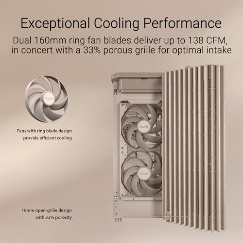 Image of ProArt PA401 Wood Edition Beige Mesh-Panel ATX case, GPU Support for up to 315mm in Length, 240mm Radiator Support, Pre-Installed 160mm Fans, Power and Reset Button Lock, Detachable PSU Bracket