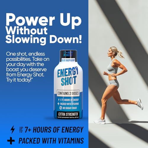 Image of Blue Raspberry Extra Strength Energy Shot 12 pk - 260mg Natural Caffeine B12 B6 - Energy & Focus Support - 2 Servings Sugar Free Zero Calorie Green Tea B-Vitamins Electrolytes Vegan - 1.93 fl oz
