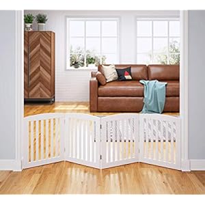 PAWLAND Wooden Freestanding Foldable Pet Gate for Dogs, 24 inch 4 Panels Step Over Fence, Dog Gate for The House, Doorway, Stairs, Extra Wide (White, 24" Height-4 Panels) PAWLAND Wooden Freestanding Foldable Pet Gate for Dogs 24 inch 4 Panels Step Over Fence Dog Gate for The House Doorway Stairs Extra Wide White 24 Height 4 Panels