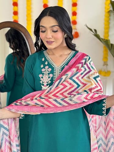Image of Shiv Textiles Women's Chanderi Silk Embroidered Kurta Pant Dupatta Set(JDA-Lavina-Green-L)