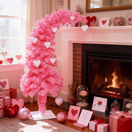 HipTree 3ft Prelit Pink Valentine Day Spring Christmas Tree Decorations with 50 Dual-Color LED Lights,Light Up Xmas Lighted Pencil Tree for Indoor Decor with 226 Tips, Metal Stand, Plug-in Powered