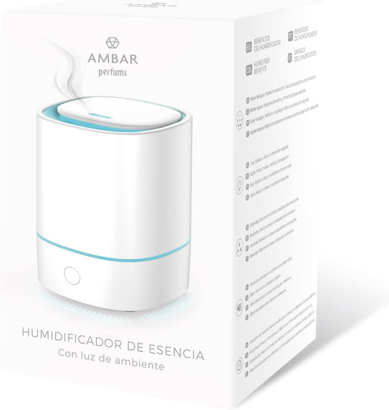 Umidificatore e diffusore di aromi ambra LED, aromaterapia a ultrasuoni, per camera da letto e ufficio, silenzioso, luce ambientale, compatibile con oli essenziali, USB (quadrato)