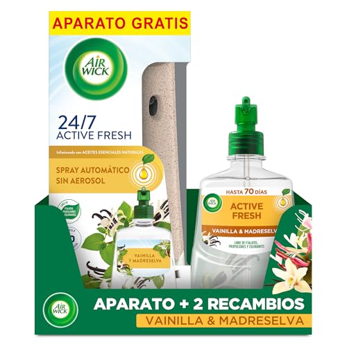 Air Wick Active Fresh Spray Automatico Sin Aerosol - Ambientador para casa con aroma a Vainilla - 1 aparatos +2 recambios