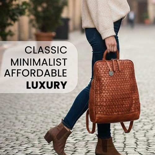 Image of 12.5 Inch Genuine Leather Backpack for Women and Men, Cognac Leather Backpack with Adjustable Shoulder Strap