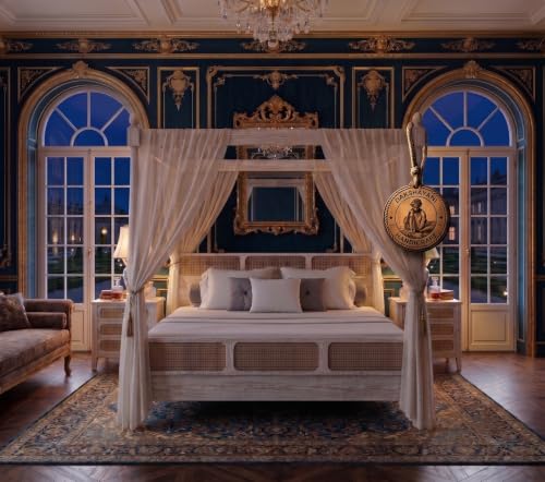 Image of Sheesham Solid Wood Allure Poster Bed for Bedroom | Handmade Wooden Cot | Elegant Four Poster King Size Bed Frame (Rustic White, Queen, Allure (Cane 1))
