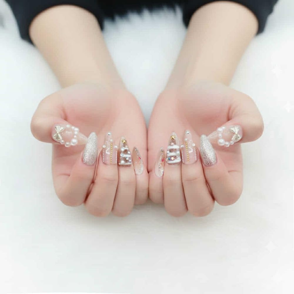 Handmade Press On Nails, Medium Almond Shape, Pink and White Christmas Collection, 10-Piece Set