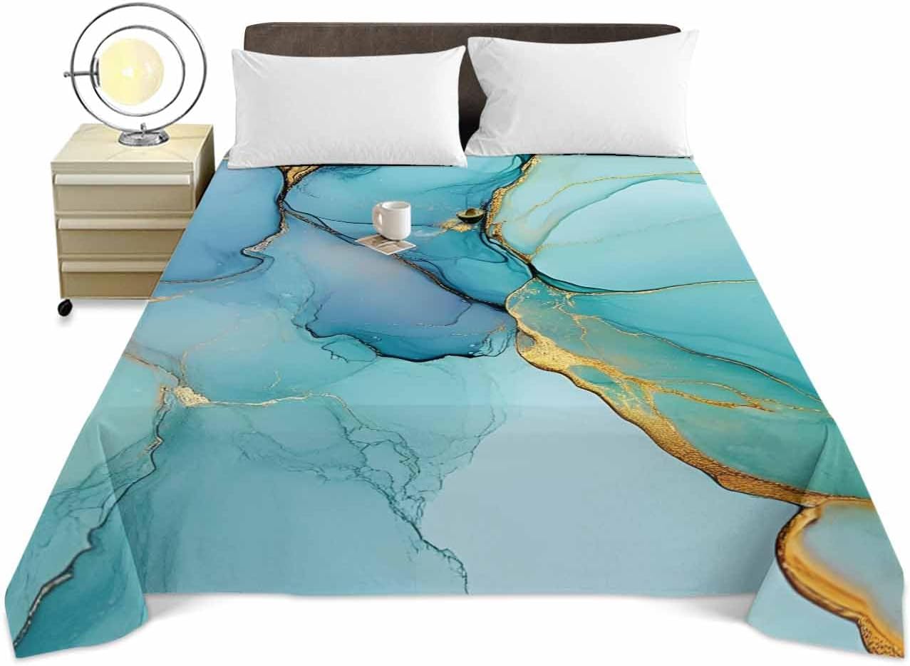 Queen Top Sheet Bedding Flat Sheet Only, Ombre Aqua Green Blue Marble Soft Microfiber Bed Sheets Hotel Luxury, Golden Vein Abstract Color Breathable Top Sheets Easy Care