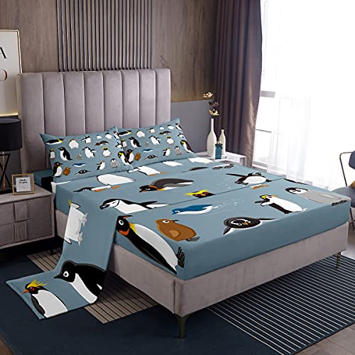 Erosebridal Penguins Bed Sheets for Boys Young, Antarctica Animals Wildlife Sheet Set for Kids Man, Cartoon Little Penguins Fitted Sheet, Cute Wild Safari Theme Bedroom Decor Queen Size