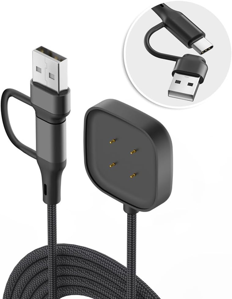 Nylon Braided Wire Replacement USB Charger Cable (USB+Type C 2 in 1) for Fitbit Versa 4 /Compatible with Fitbit Versa 3 Chargers Intended Cord Portable Charging Stand Station Dock.(3.28 ft) image 2