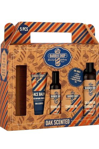Coffret Cadeau Homme BarberShop Haircuts & Shaves – Kit de Soin 5 Pièces pour Barbe & Visage - Élégance, Fraîcheur & Style Masculin -Parfum Boisé Raffiné