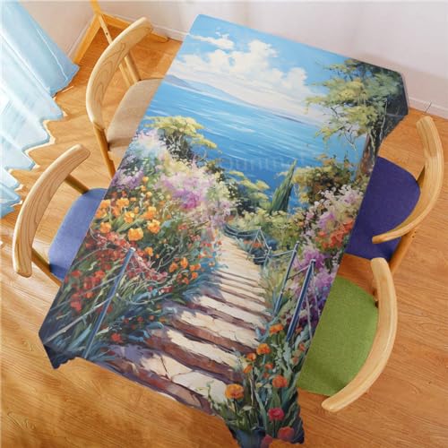Dunmat Vintage Flower Table Cloth Art Print, Watercolor Resort Floral Ocean View Washable Waterproof Tablecloths Dining Table Decorative Rectangle Table Cover 55Wx70L Inch