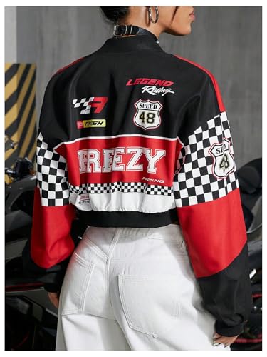 GORGLITTER Women's Racing Jacket Zip Up Cropped Varsity Jacket Color Block Letter Graphic Motorcycle Biker Coats2