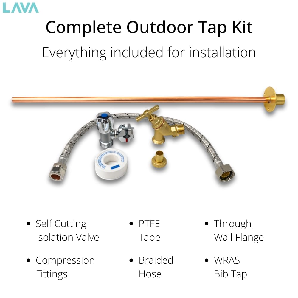 Kit de robinet de jardin 600 mm - LavaTap - Kit de robinet extérieur approuvé WRAS avec double clapet anti-retour, robinet auto-coupant, bride de 600 mm, connecteur flexible de 400 mm et ruban PTFE