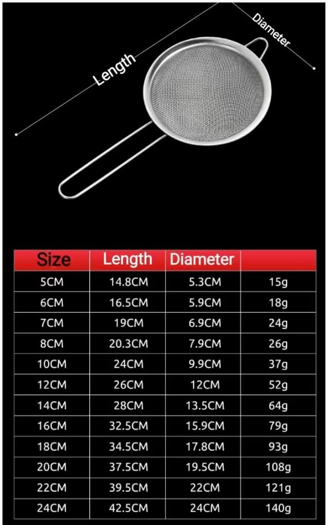 Lot de 3 tamis en métal en acier inoxydable, tamis à mailles fines, pack de 3 tamis de cuisine, tamis pour cuisson, farine pour pâtisserie, tamis anti-rouille(Pack of 3 (20 22 24 CM))