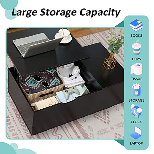 Usikey Lift Top Coffee Table, Coffee Table With Large Hidden Compartment & Side Open Shelf, Modern Wooden Central Folding Table, Rising Tabletop Dining Table For Living Room, Office(Black) #TOP5