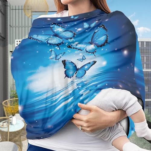 Image of Car Seat Cover Baby Blue Butterfly Breast Feeding Covers for Women - Multi Use Baby Stroller and Carseat Cover, Soft Breastfeeding Covers