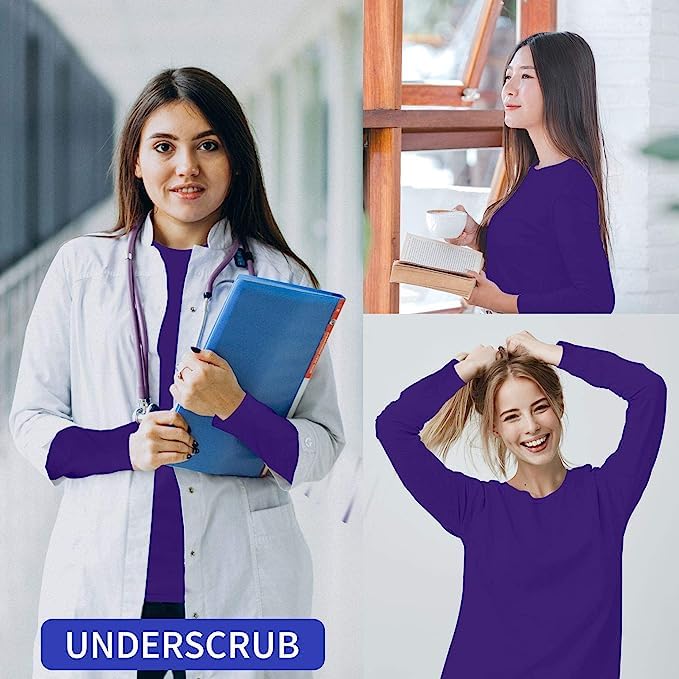 BaHoki Essentials Long Sleeve Undershirts for Scrubs - Great Stretch Shirts - 5 Pack2