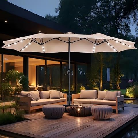 MFSTUDIO 15ft Double Sided Patio Umbrella with Solar Lights, Outdoor Large Umbrellas with Crank Handle and 36 LED Lights, Rectangular Market Umbrella with Base Included for Deck Pool Shade, Beige Cover