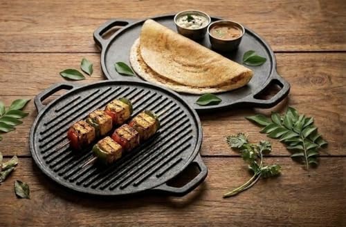Image of Dosa Tawa & Grill Cast Iron 2-in-1 | Double-Sided Tawa /Pan for Roti, Dosa, Chapati, Fish & Steak | Naturally Nonstick, Gas & Induction Cookware | Reversible Cooking