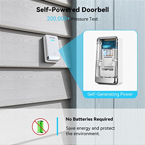 Tecknet Self-Powered Wireless Doorbell, Waterproof Door Chime Kit, No Battery Required Push Button, Plug-Through Cordless Door Chime, Up To 1300Ft Range With 32 Chimes, Led Light, 5-Level Volume #TOP2